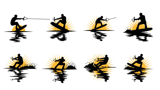 Dynamic wakeboarding silhouettes capturing high-energy water sports action