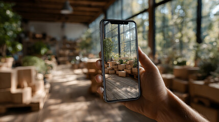 Person holds smartphone displaying augmented reality shopping experience in sunlit room filled with plants and wooden boxes, creating seamless blend of digital and real environments