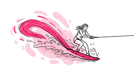 Dynamic water sport adventure featuring woman wakeboarding with splashing pink wave