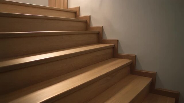 Tracking toward a staircase corner, wooden step textures revealing depth as soft light slides across each edge.
