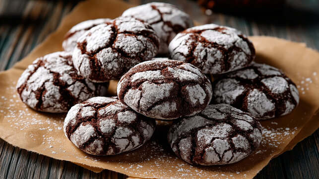 Chocolate crinkle cookies with cracked powdered sugar coating, arranged on parchment paper, cozy rustic atmosphere.