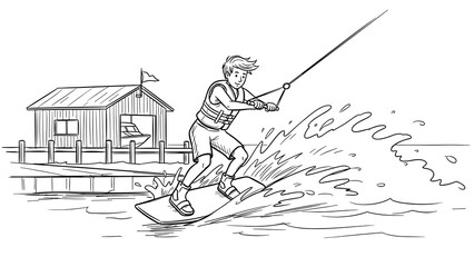 Dynamic water sport adventure: line art of person wakeboarding by dock