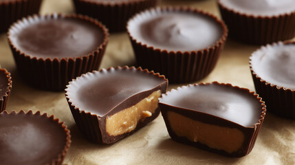 Chocolate peanut butter cups arranged neatly on parchment, creamy filling exposed in one cut piece, soft directional lighting.