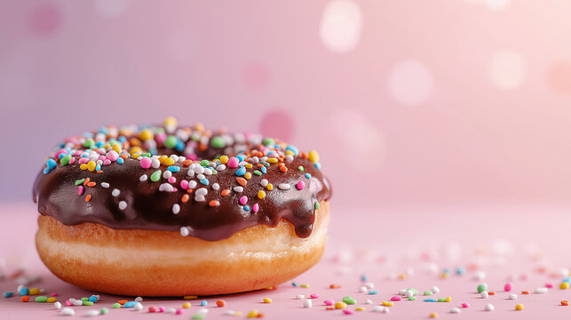 Chocolate glazed donut topped with colorful sprinkles, placed on a pastel background, soft playful lighting, cheerful dessert styling. - Powered by Adobe