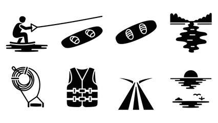 Water sports icons: wakeboard, safety, and adventure elements in bold silhouette