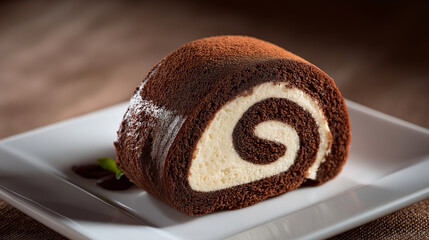 Chocolate roll cake slice showing spiral cream filling, soft warm lighting, delicate dessert presentation.