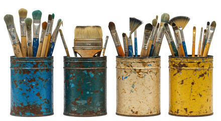 Four vintage distressed metal tins with professional artist brushes isolated on a transparent background with copy space. Concept of creativity and art supplies