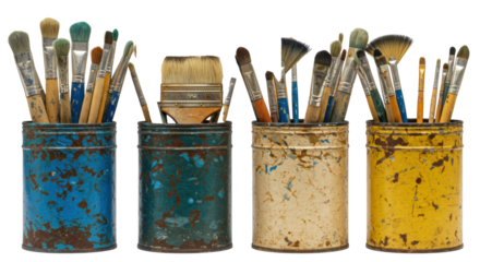 Four vintage distressed metal tins with professional artist brushes isolated on a transparent background with copy space. Concept of creativity and art supplies