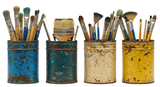 Four vintage distressed metal tins with professional artist brushes isolated on a transparent background with copy space. Concept of creativity and art supplies