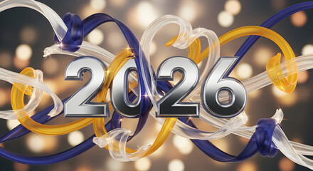 Shiny 2026 numbers with swirling ribbons and bokeh lights
