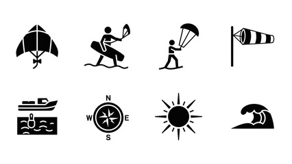 Water sports and nautical symbols set in black icons for ocean enthusiasts