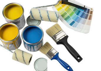 Professional painting tools with yellow and blue paint cans and a color swatch arranged in a flat lay on a white background concept of home renovation and diy