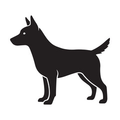 Black silhouette of a medium sized dog standing alert with pointed ears and a wagging tail on a white background