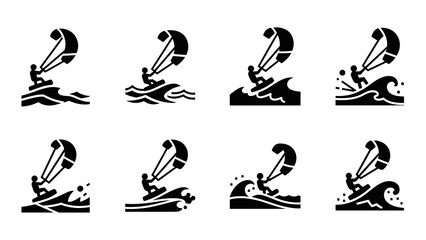 Dynamic kite surfing icons set in bold black silhouette style