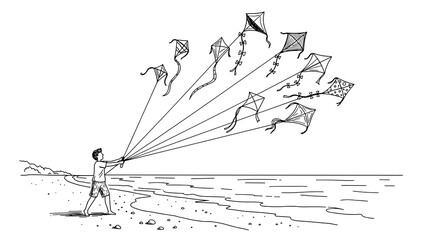 Boy flying multiple kites on beach in hand drawn sketch style