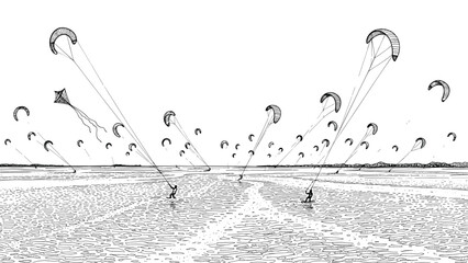 Kite surfers and kites in the sky over a breezy shoreline