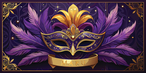 Ornate venetian masquerade mask with purple feathers and gold accents