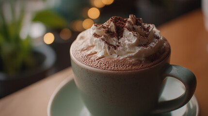 Cozy cup of steaming hot chocolate topped with fluffy whipped cream and cocoa dust