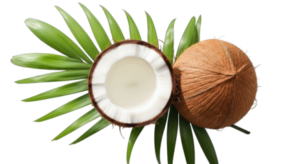 Coconut Halves and Palm Leaves on White Background