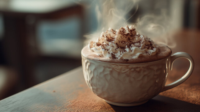 Cozy cup of steaming hot chocolate topped with fluffy whipped cream and cocoa dust - Powered by Adobe