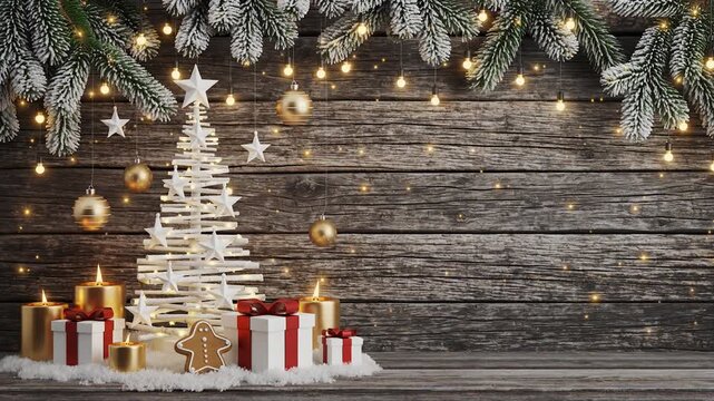 Un peque&ntilde;o &aacute;rbol iluminado, regalos envueltos, velas doradas y una galleta de jengibre sobre nieve artificial, todo frente a un fondo r&uacute;stico de madera decorado con ramas nevadas y luces c&aacute;lidas.