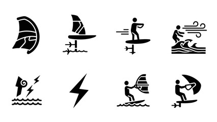 Silhouette icons of windsurfing and surfing activities with dynamic wave elements