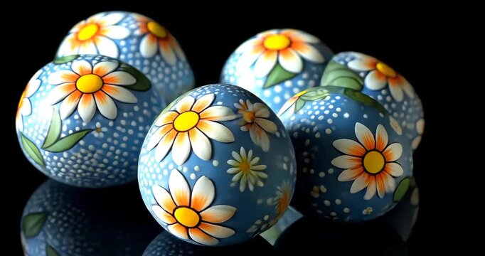 A close-up shot showcases hand-painted Easter eggs with daisy patterns on a reflective black surface, vibrant and festive.