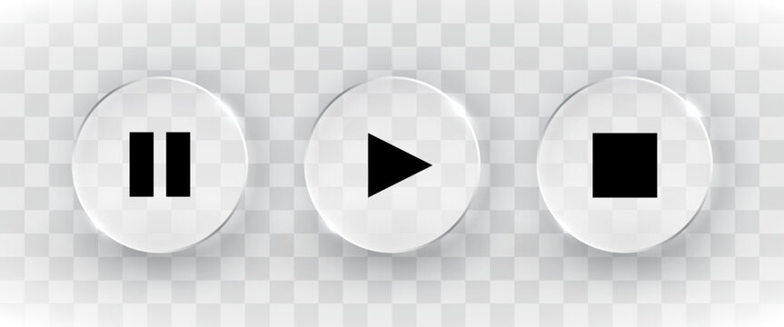 Sleek glass media player buttons with play, pause, and stop icons. Ideal for modern user interface design.