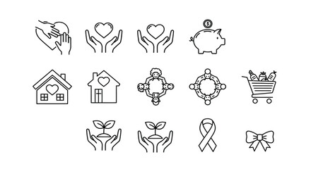 Collection of hand drawn icons representing charity and care