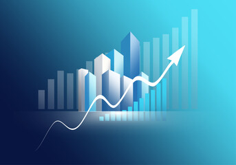 Business Growth and Futuristic Digital Data Visualization. Stock Market Graph and Modern Cityscape on Blue Background.