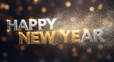 Happy new year text with sparkling glitter and bokeh lights on a dark background