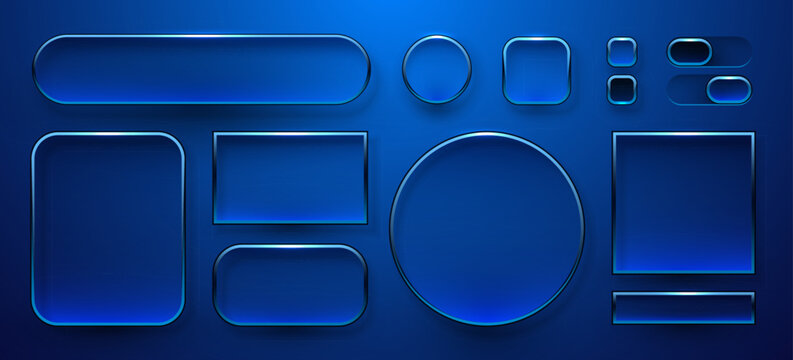 Modern blue glass UI elements with various buttons, frames, and switches.