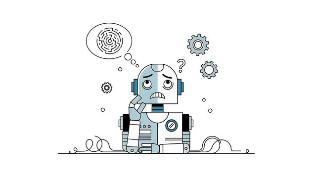 Confused Robot with Thought Bubble and Gears