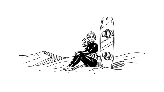 Surfer girl in wetsuit resting by surfboard on beach in black and white line art - Powered by Adobe
