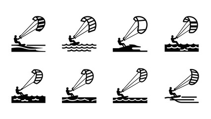 Kitesurfing silhouettes collection: diverse watersport poses in bold black style