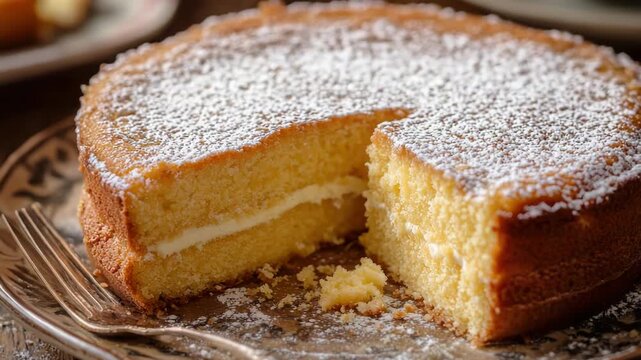 Video A slice of cake served with a fork on a plate, ready to be enjoyed