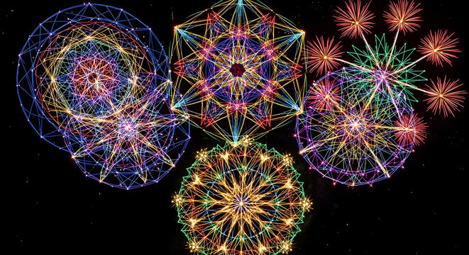 Colorful abstract fireworks display with intricate geometric patterns against a dark night sky
