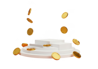Golden coins falling onto a white podium isolated on transparent background for financial success and wealth themes