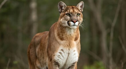 Obraz premium Majestic cougar stares attentively; lush, blurred forest backdrop