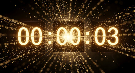 Digital countdown timer displays three seconds with glowing particles and light streaks