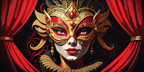 Ornate venetian masquerade mask with red velvet curtains