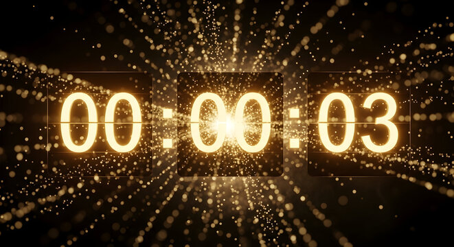 Digital countdown timer displays three seconds with glowing particles and light streaks