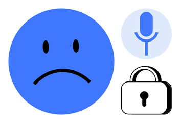 Privacy concerns, surveillance, emotional expression, data protection, speech monitoring, online communication. Sad face, microphone lock symbol. Privacy concerns and surveillance through speech