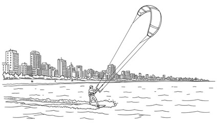 Kiteboarding adventure on urban waterfront in black and white line art