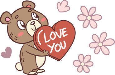 A cute cartoon bear holds a red 
