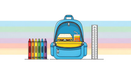 Brightly illustrated back-to-school scene with a packed backpack, rainbow crayons, a ruler, and a student's lunch, ready for education