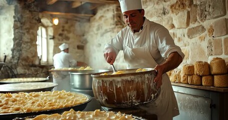 A chef prepares a traditional cheese dish in a rustic kitchen with stone walls and warm, inviting lighting. - Powered by Adobe