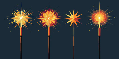 Four sparklers ignited with bright orange flames and sparks on dark background