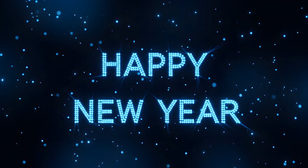Happy new year glowing blue text with sparkling particles on dark background