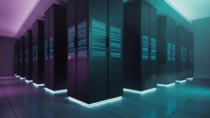 Data Center Elegance: An array of server racks illuminated by ambient light, creating a futuristic environment. Showing the heart of data storage and processing.